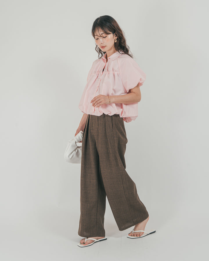 ［SET］バルーンShirringハーフスリーブシャツ + スラブTweedタックワイドパンツ（2SET）