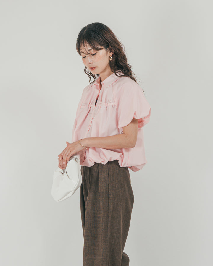 ［SET］バルーンShirringハーフスリーブシャツ + スラブTweedタックワイドパンツ（2SET）