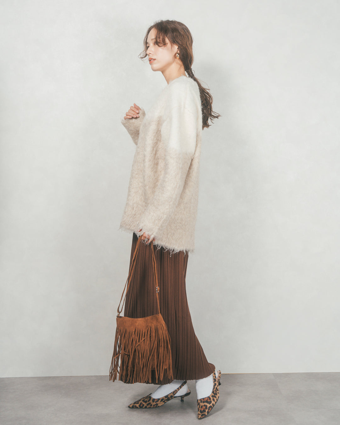 ［SET］Airyフェザー ニットカーディガン+プリーツNarrowロングスカート（2SET）