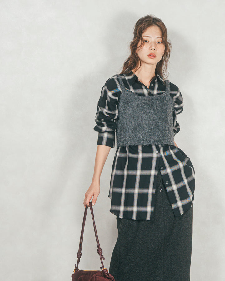 ［SET］Looseチェックシャツ+モヘアタッチKnitビスチェ+Smoothニットソー Narrowスカート