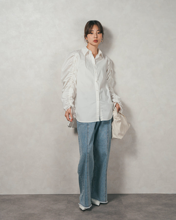 ［SET］ブロード袖ドロストデザインブラウス+2-Way Uネックメッシュニットベスト+センターシーム リラックスカラーデニム（3SET）