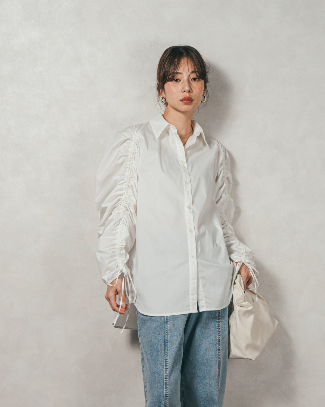 ［SET］ブロード袖ドロストデザインブラウス+メランジKnitロングワンピース（2SET）