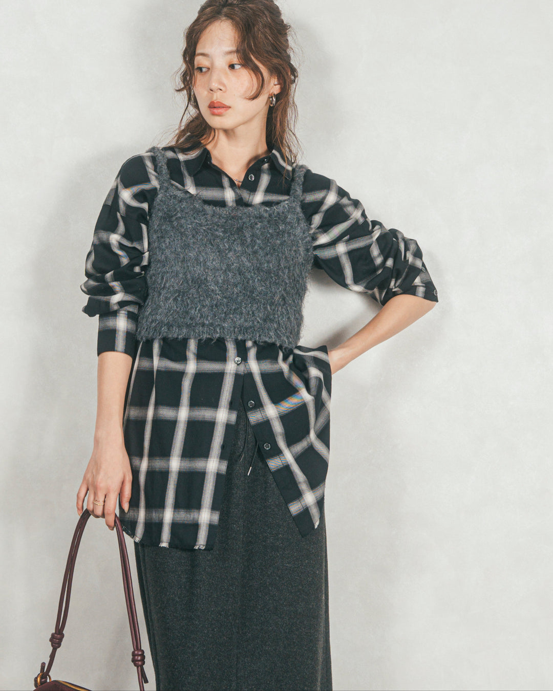 ［SET］Looseチェックシャツ+モヘアタッチKnitビスチェ