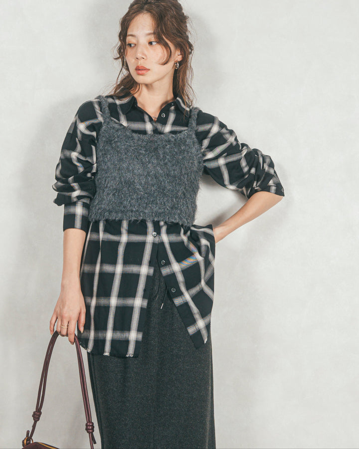 ［SET］Looseチェックシャツ+モヘアタッチKnitビスチェ