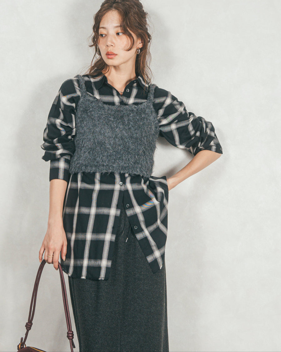 ［SET］Looseチェックシャツ+モヘアタッチKnitビスチェ