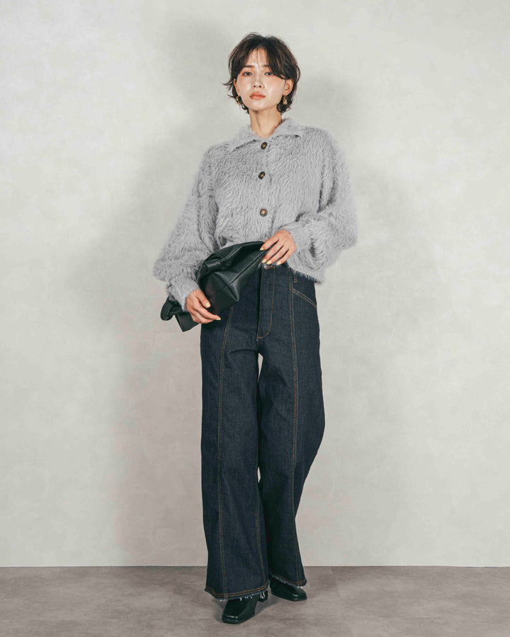 ［SET］フェザーヤーン 衿付きカーディガン+センターシーム リラックスワイドデニム（2SET）