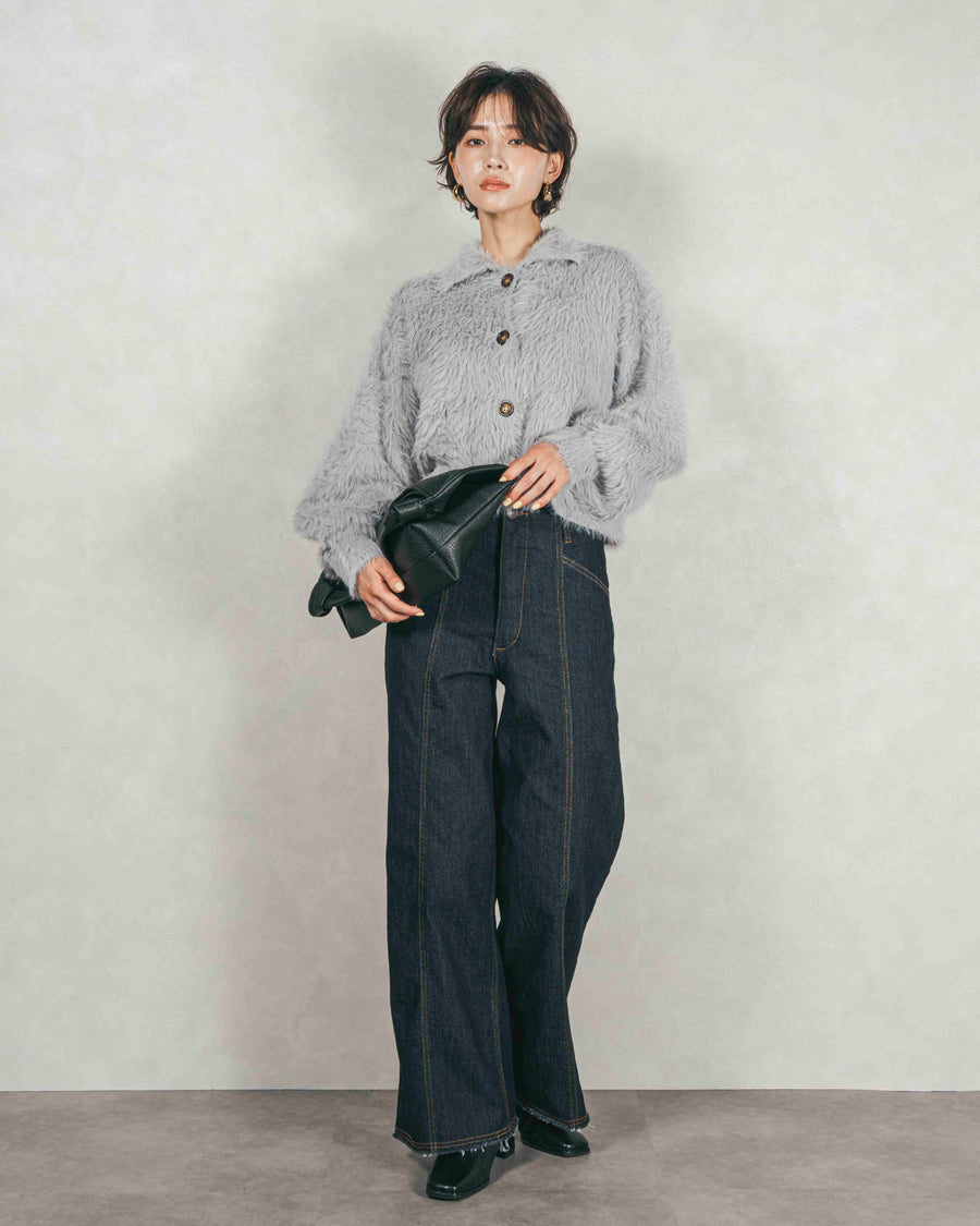 ［SET］フェザーヤーン 衿付きカーディガン+センターシーム リラックスワイドデニム（2SET）