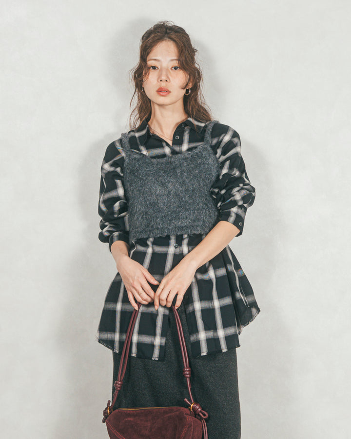 ［SET］Looseチェックシャツ+モヘアタッチKnitビスチェ