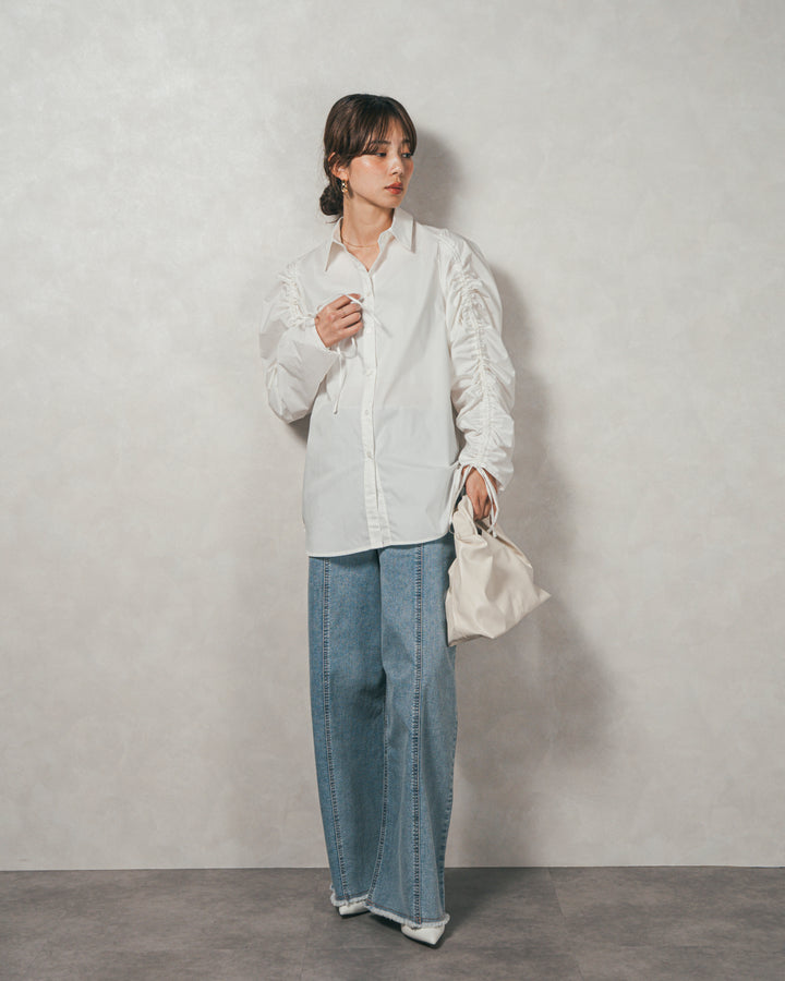 ［SET］ブロード袖ドロストデザインブラウス+2-Way Uネックメッシュニットベスト+センターシーム リラックスカラーデニム（3SET）