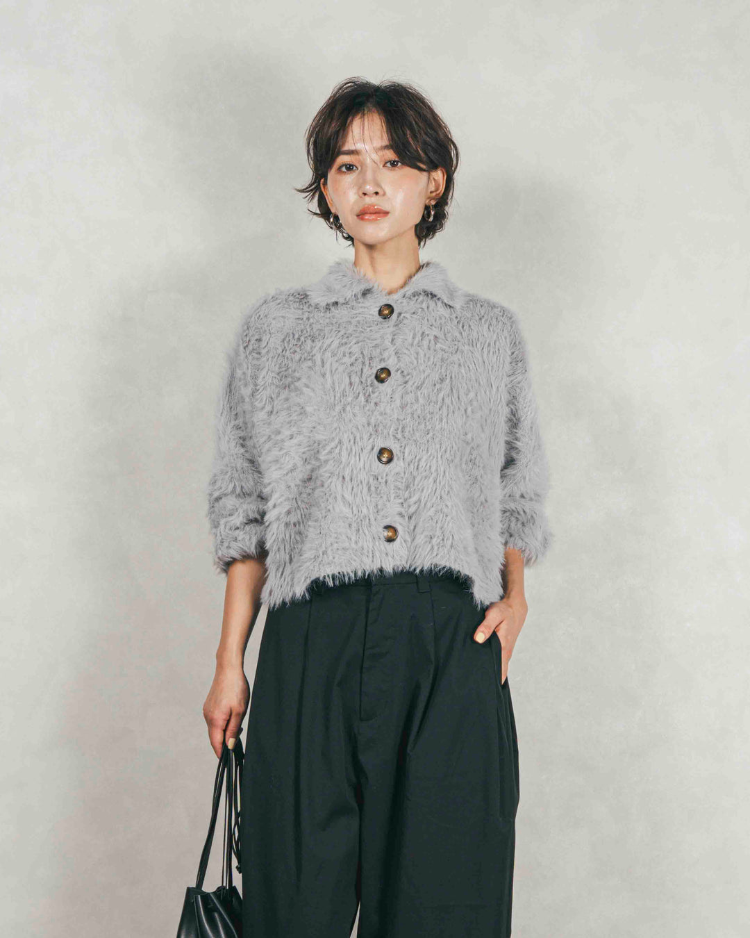 ［SET］フェザーヤーン 衿付きカーディガン+サイドタックコクーンパンツ（2SET）