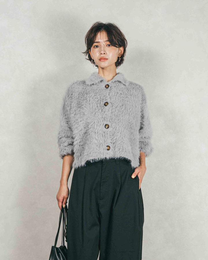 ［SET］フェザーヤーン 衿付きカーディガン+サイドタックコクーンパンツ（2SET）