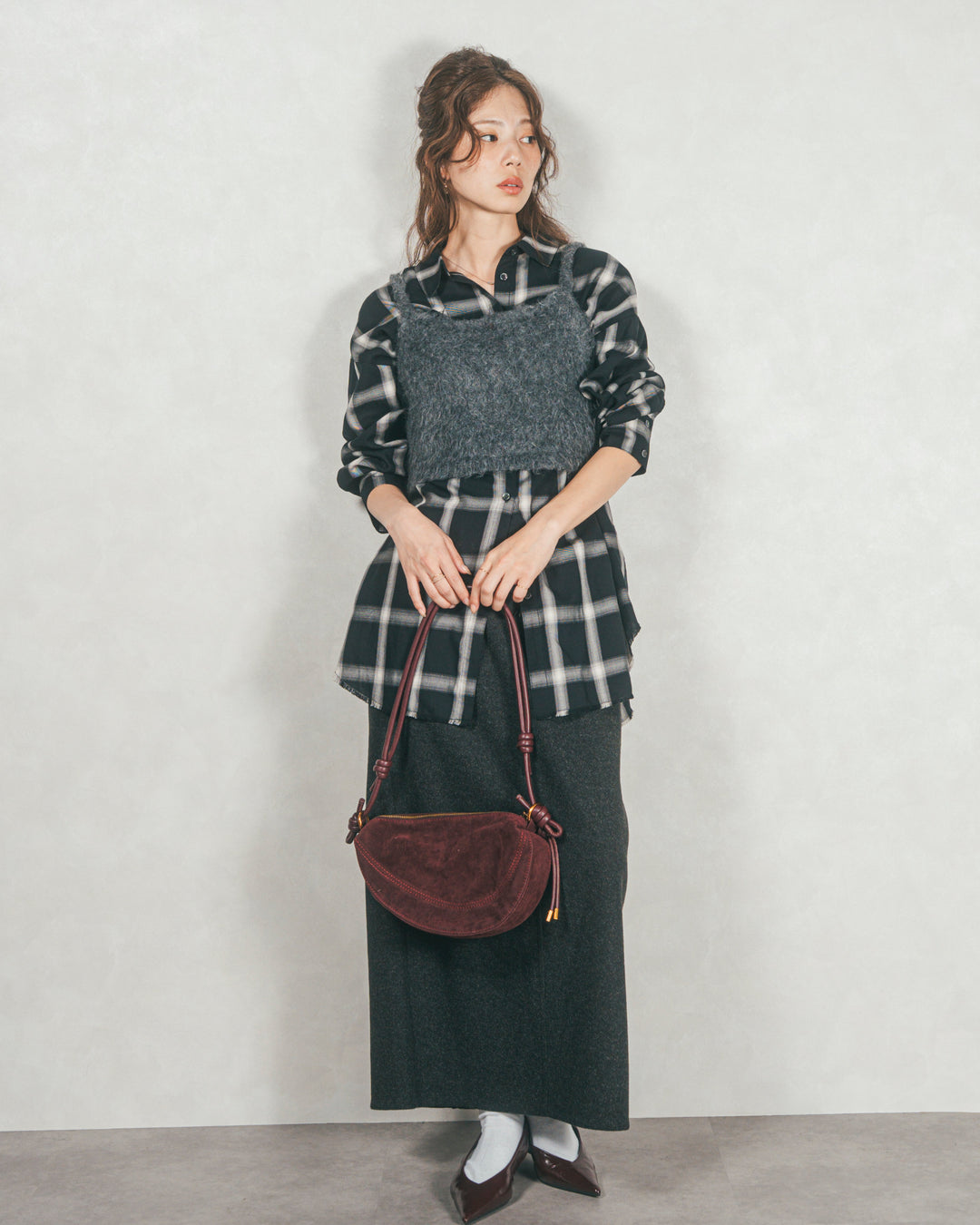 ［SET］Looseチェックシャツ+モヘアタッチKnitビスチェ+Smoothニットソー Narrowスカート