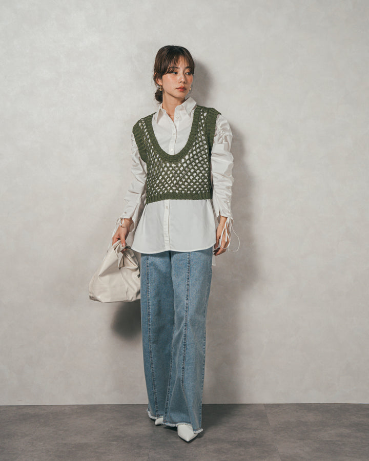 ［SET］ブロード袖ドロストデザインブラウス+2-Way Uネックメッシュニットベスト+センターシーム リラックスカラーデニム（3SET）