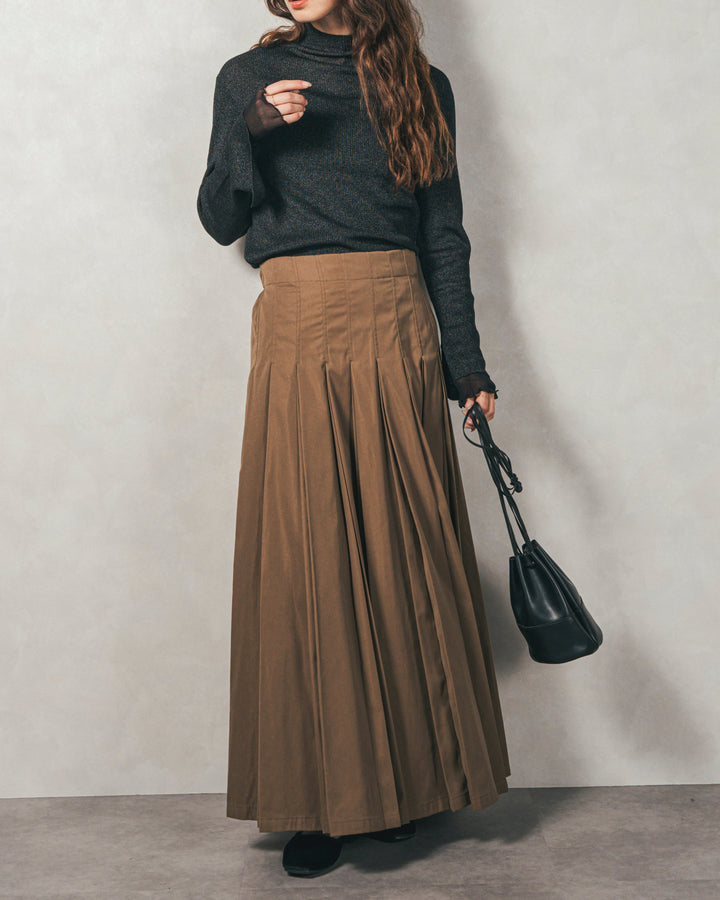 ［SET］袖レイヤードラメリブタートルニット+すっきり見えカップ付きキャミ+W-Tuckプリーツロングスカート（3SET）