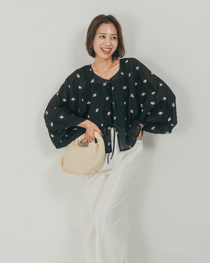 ［SET］フロントリボン刺繍 Veilブラウス + 10oz ニュアンスバイカラー リラックスワイドデニム（2SET）