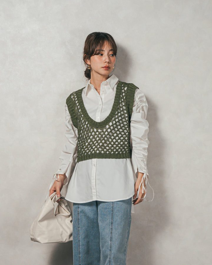 ［SET］ブロード袖ドロストデザインブラウス+2-Way Uネックメッシュニットベスト+センターシーム リラックスカラーデニム（3SET）