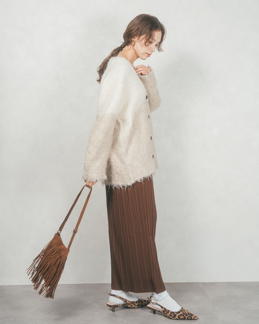 ［SET］Airyフェザー ニットカーディガン+プリーツNarrowロングスカート（2SET）