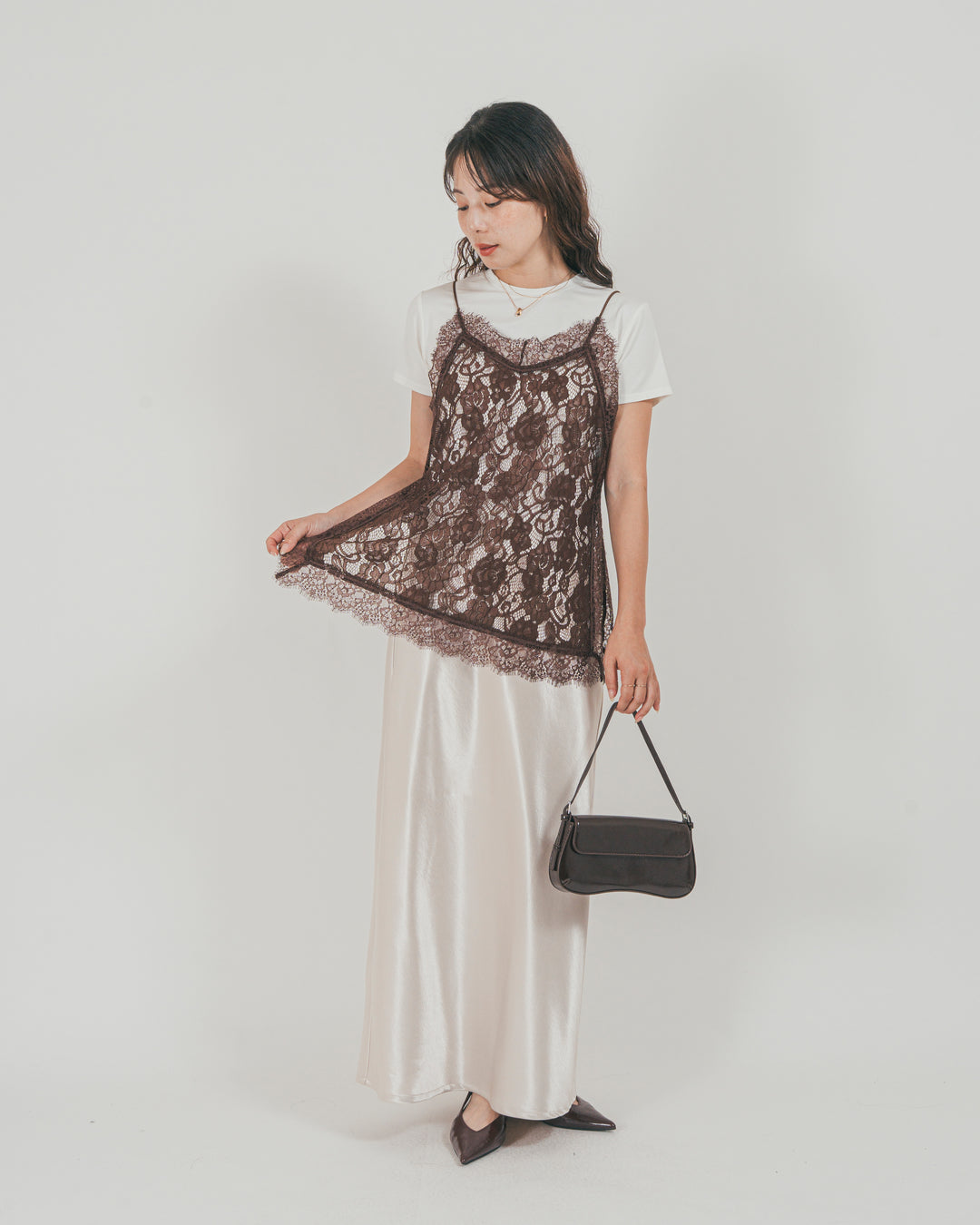 ［SET］ラッセルレース キャミ + 【接触冷感・UVカット・防臭】コンパクト半袖Tee + サテンNarrowスカート（3SET）