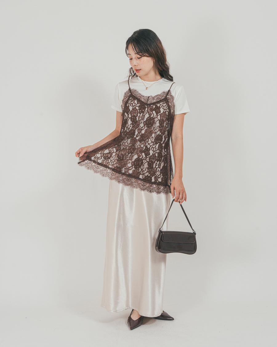 ［SET］ラッセルレース キャミ + 【接触冷感・UVカット・防臭】コンパクト半袖Tee + サテンNarrowスカート（3SET）