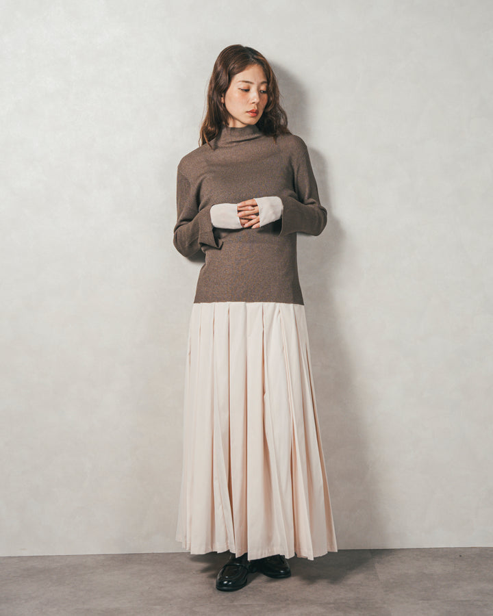 ［SET］袖レイヤードラメリブタートルニット+すっきり見えカップ付きキャミ+W-Tuckプリーツロングスカート（3SET）