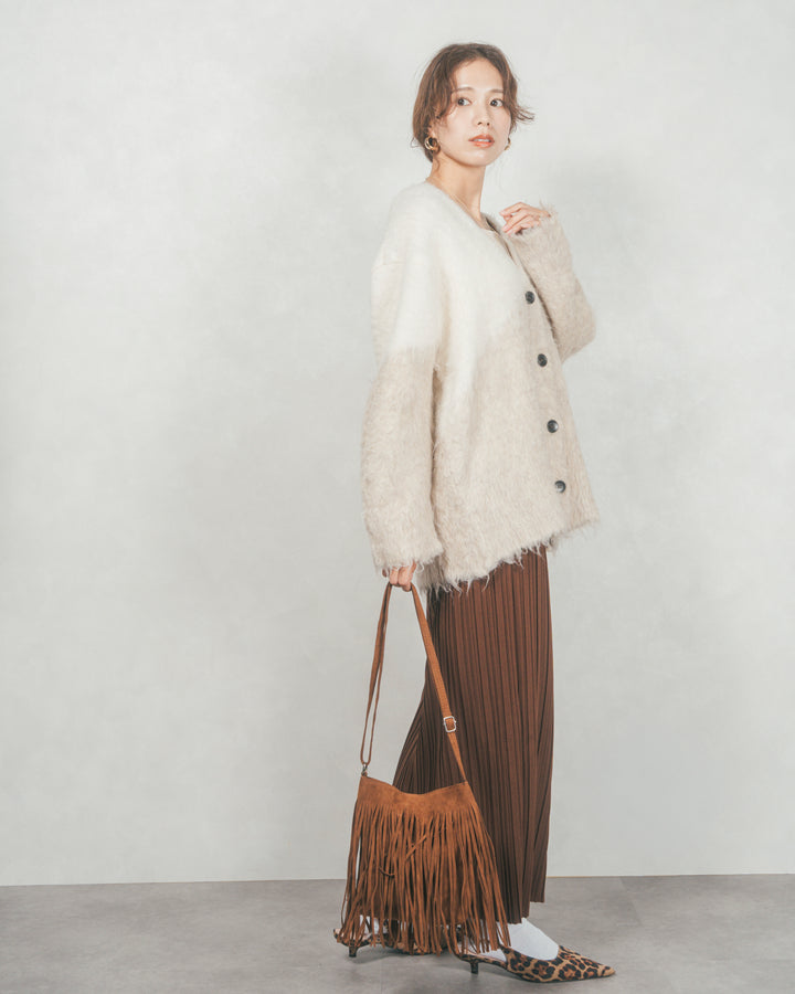 ［SET］Airyフェザー ニットカーディガン+プリーツNarrowロングスカート（2SET）