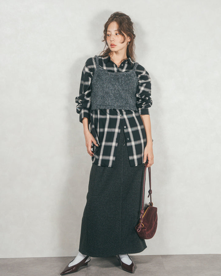 ［SET］Looseチェックシャツ+モヘアタッチKnitビスチェ+Smoothニットソー Narrowスカート