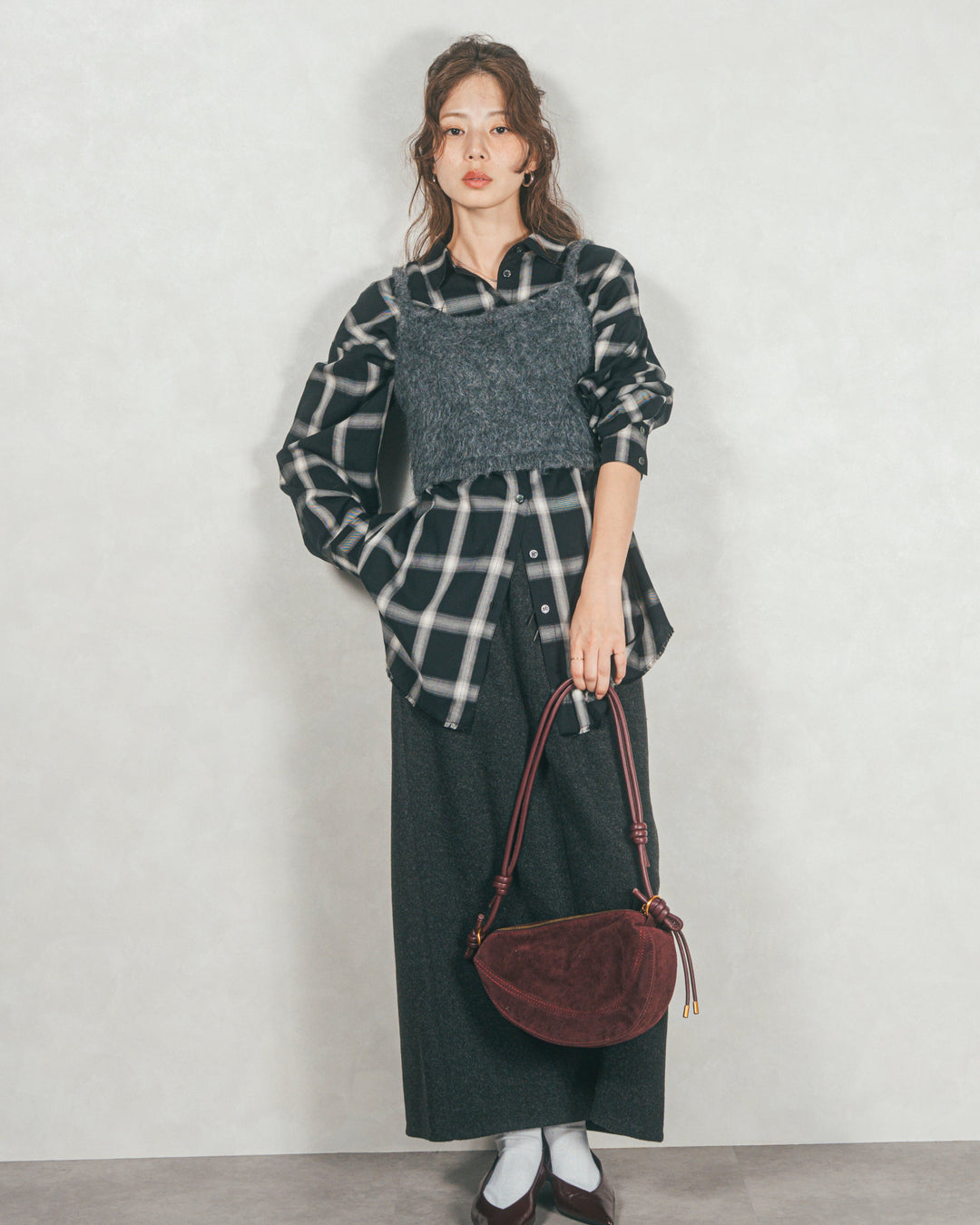 ［SET］Looseチェックシャツ+モヘアタッチKnitビスチェ