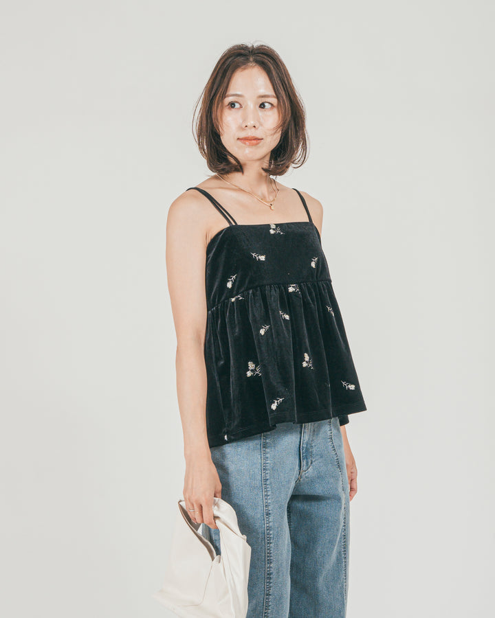 ［SET］Flower刺繍 ベロアペプラムキャミ + センターシーム リラックスデニム（2SET）