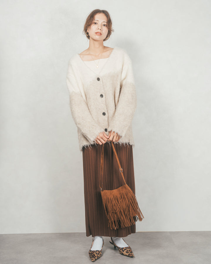 ［SET］Airyフェザー ニットカーディガン+プリーツNarrowロングスカート（2SET）