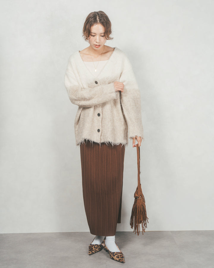 ［SET］Airyフェザー ニットカーディガン+プリーツNarrowロングスカート（2SET）