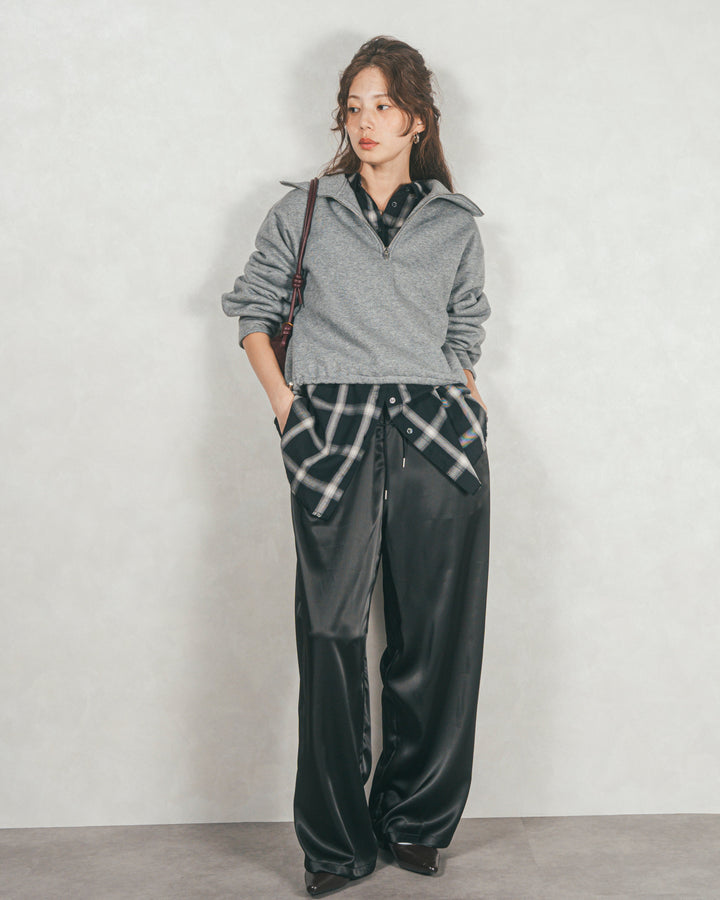 ［SET］裏起毛ハーフZipスウェット+Looseチェックシャツ+Relaxサテンパンツ