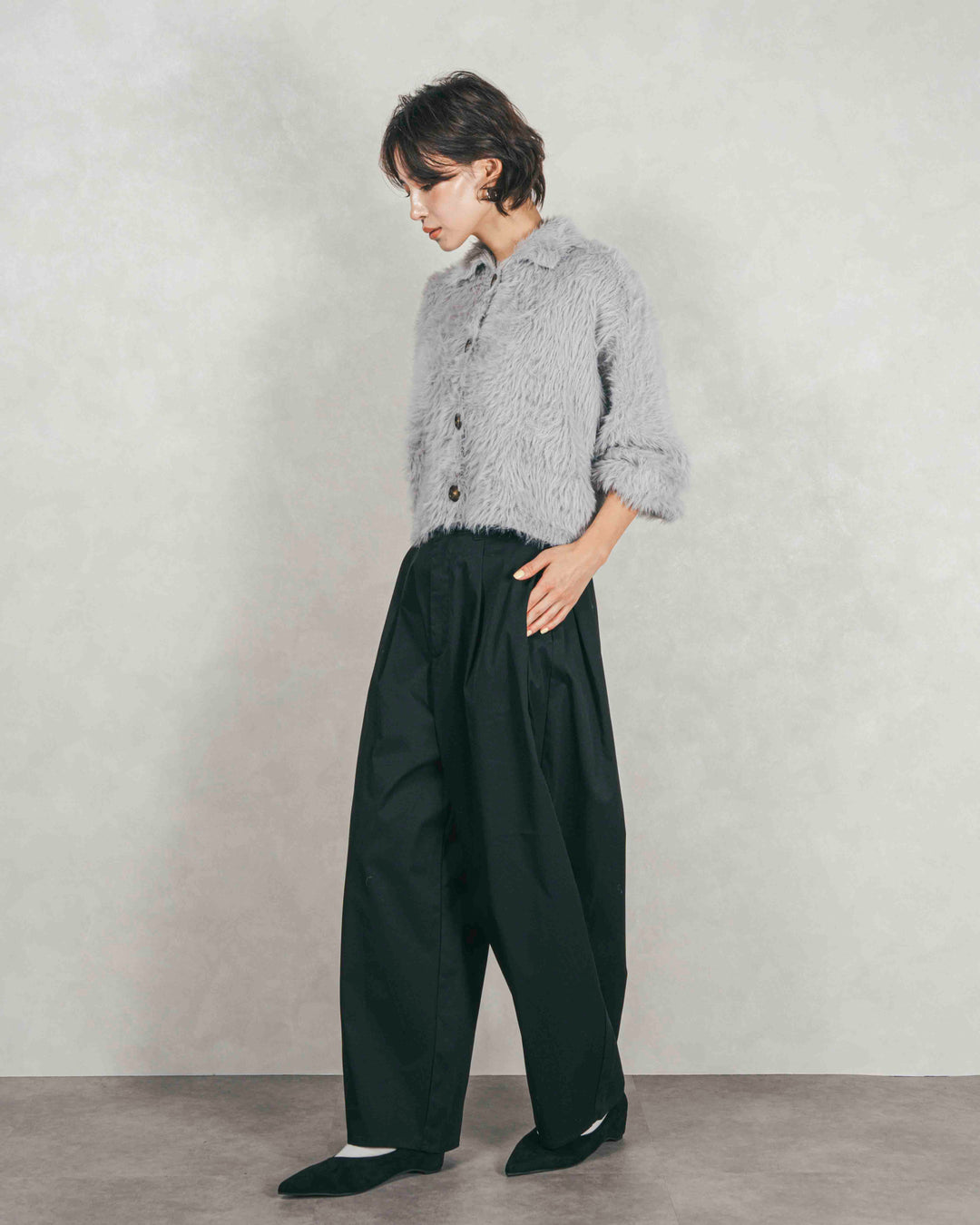 フェザーヤーン 衿付きカーディガン (GRAY)