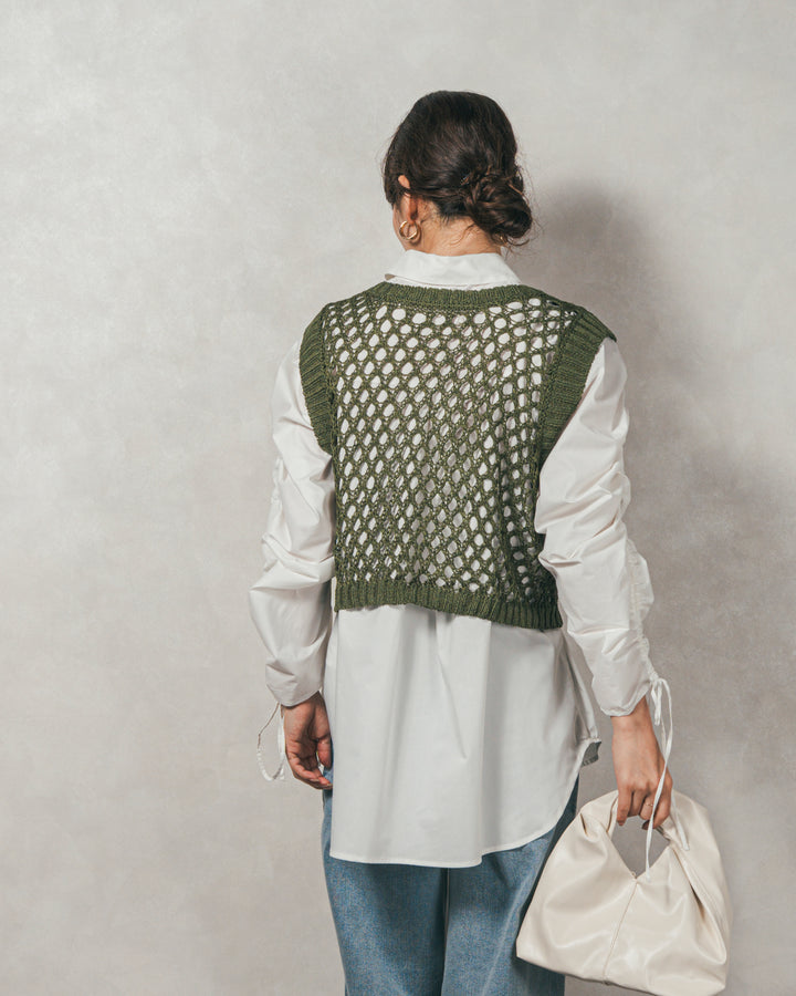 ［SET］ブロード袖ドロストデザインブラウス+2-Way Uネックメッシュニットベスト+センターシーム リラックスカラーデニム（3SET）