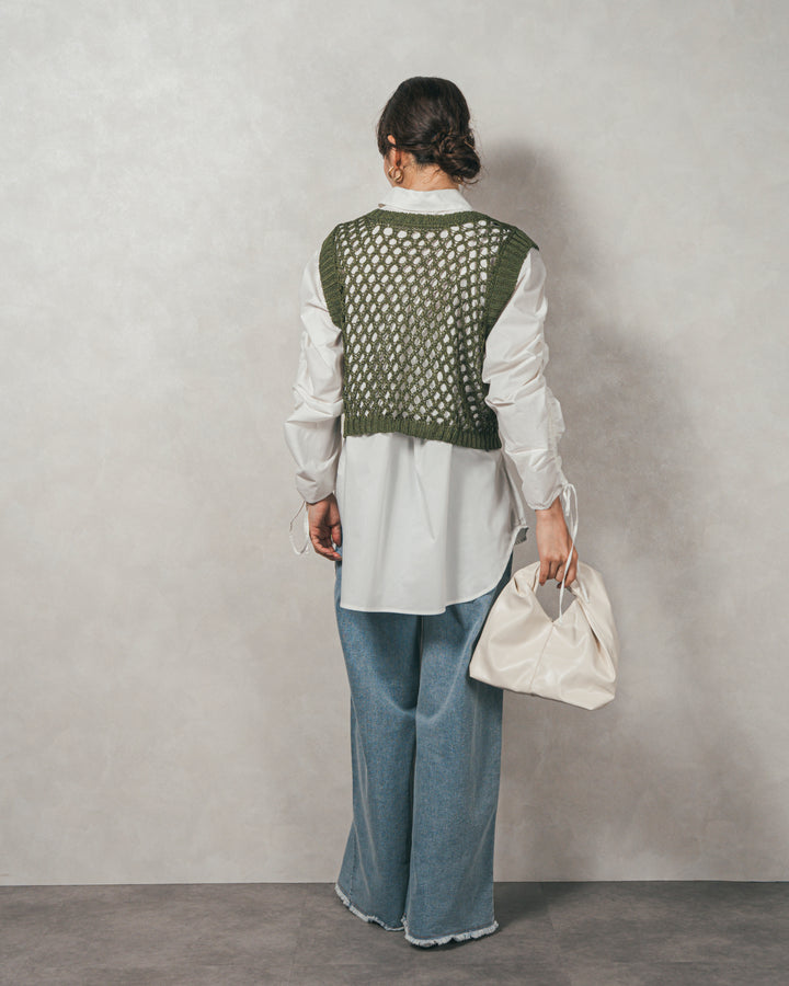 ［SET］ブロード袖ドロストデザインブラウス+2-Way Uネックメッシュニットベスト+センターシーム リラックスカラーデニム（3SET）