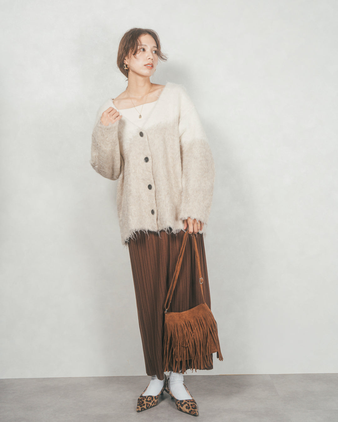［SET］Airyフェザー ニットカーディガン+プリーツNarrowロングスカート（2SET）