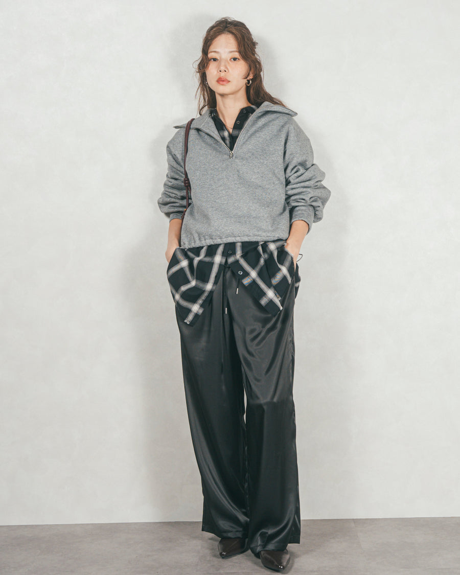 ［SET］ハーフZipスウェット+Looseチェックシャツ+Relaxサテンパンツ