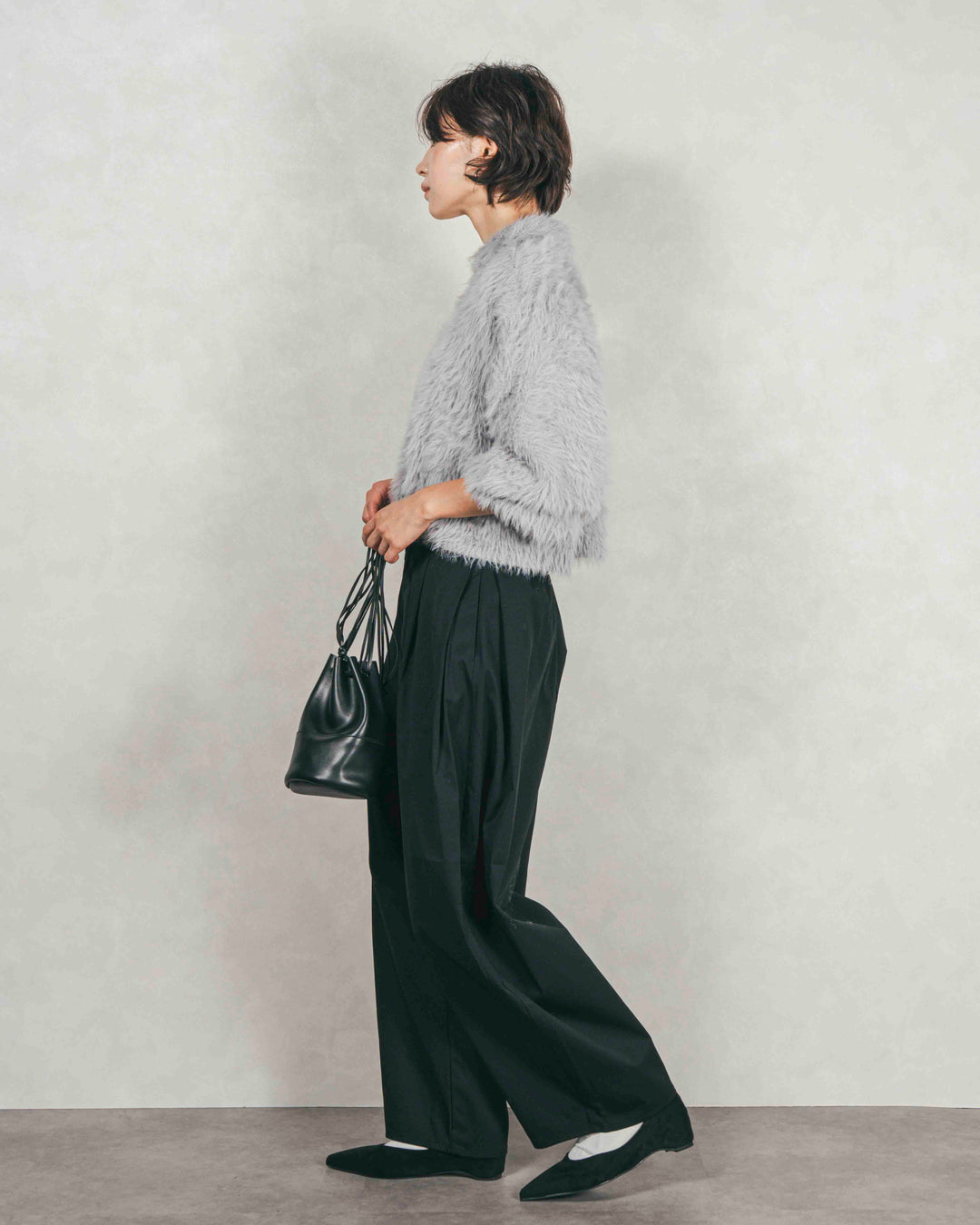 ［SET］フェザーヤーン 衿付きカーディガン+サイドタックコクーンパンツ（2SET）