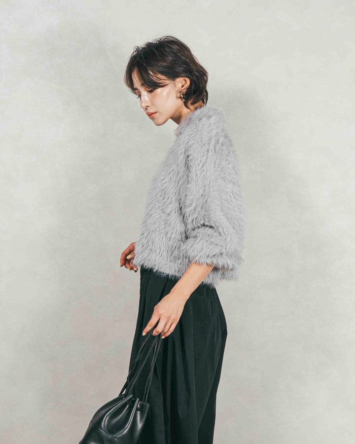 フェザーヤーン 衿付きカーディガン (GRAY)