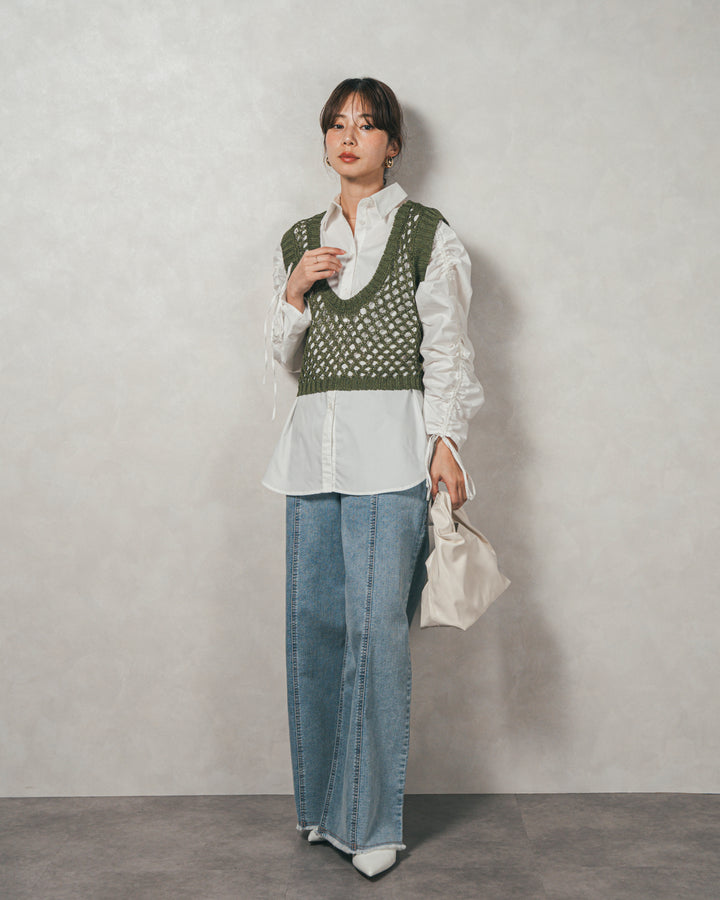 ［SET］ブロード袖ドロストデザインブラウス+2-Way Uネックメッシュニットベスト+センターシーム リラックスカラーデニム（3SET）