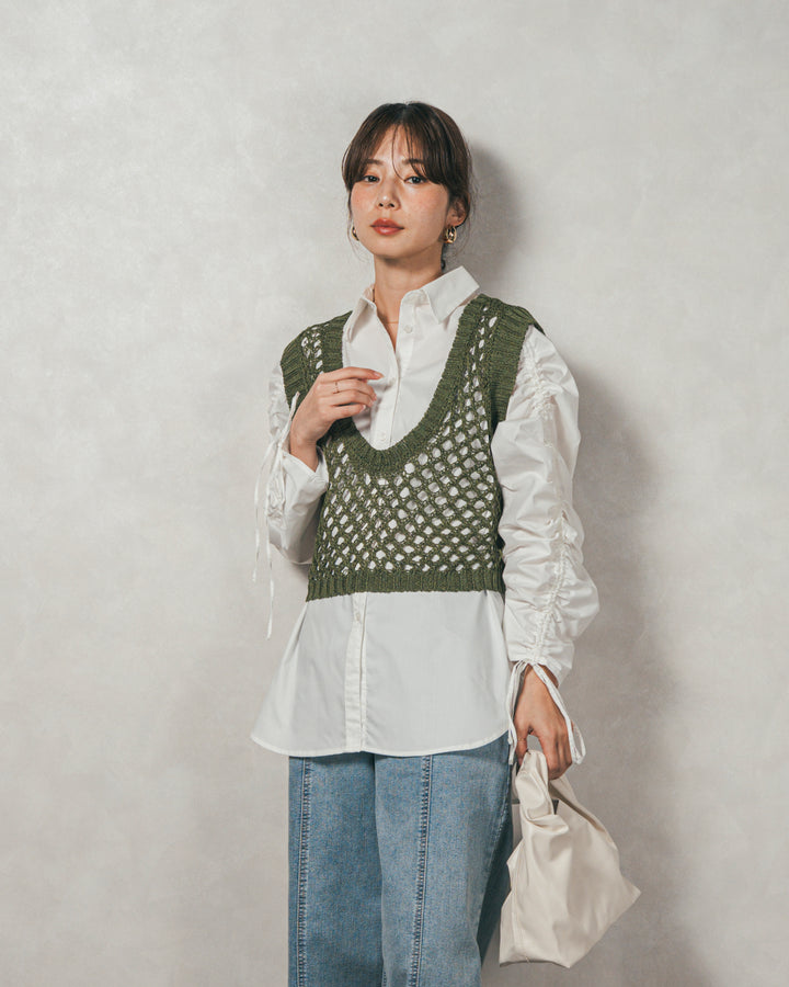 ［SET］ブロード袖ドロストデザインブラウス+2-Way Uネックメッシュニットベスト+センターシーム リラックスカラーデニム（3SET）