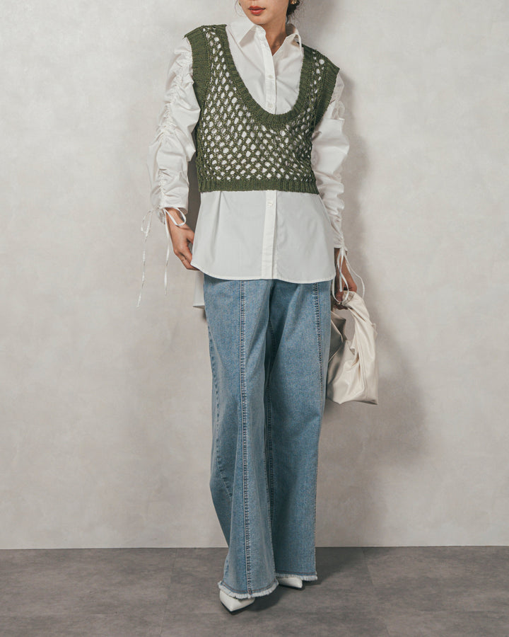 ［SET］ブロード袖ドロストデザインブラウス+2-Way Uネックメッシュニットベスト+センターシーム リラックスカラーデニム（3SET）