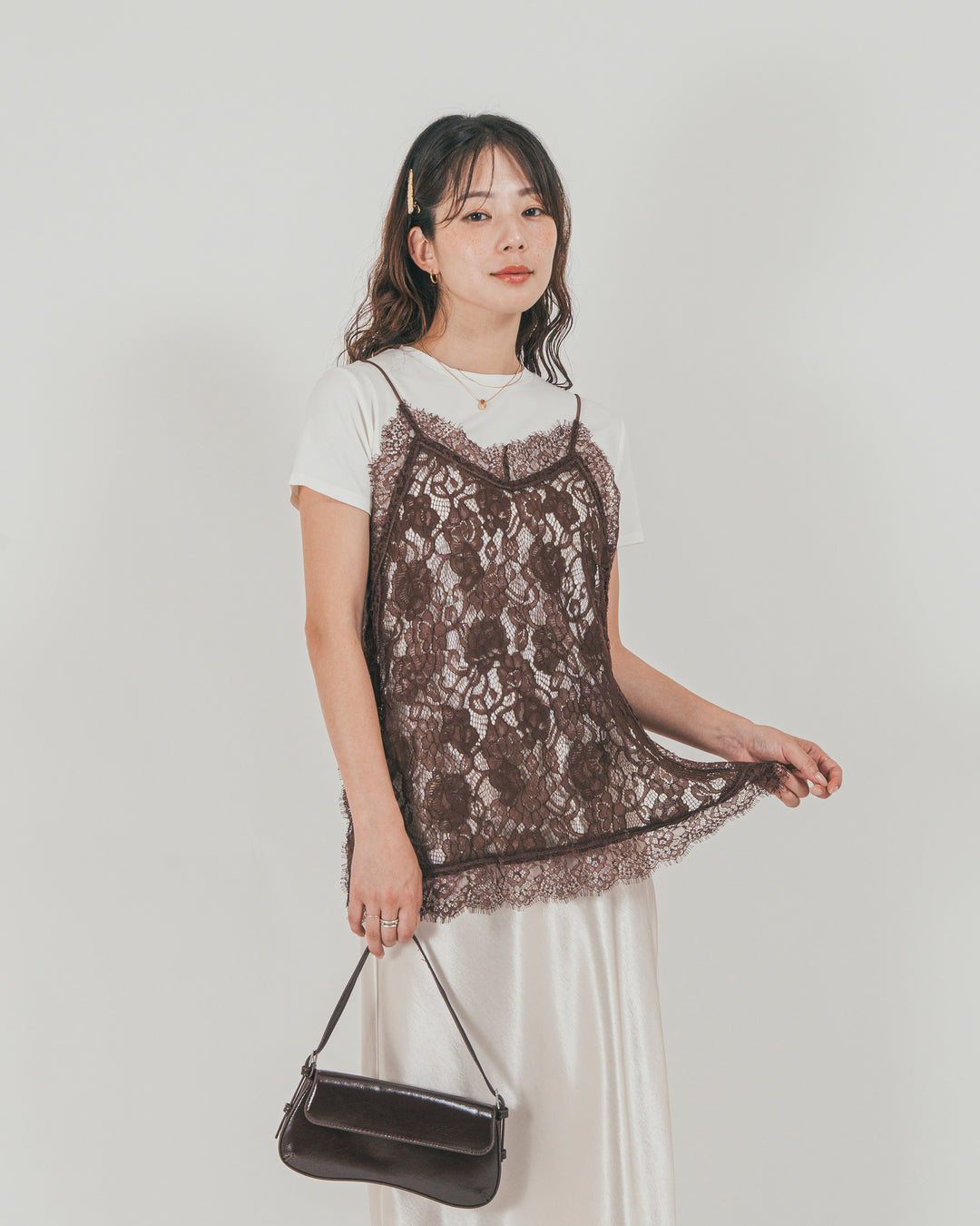 ［SET］ラッセルレース キャミ + 【接触冷感・UVカット・防臭】コンパクト半袖Tee + サテンNarrowスカート（3SET）