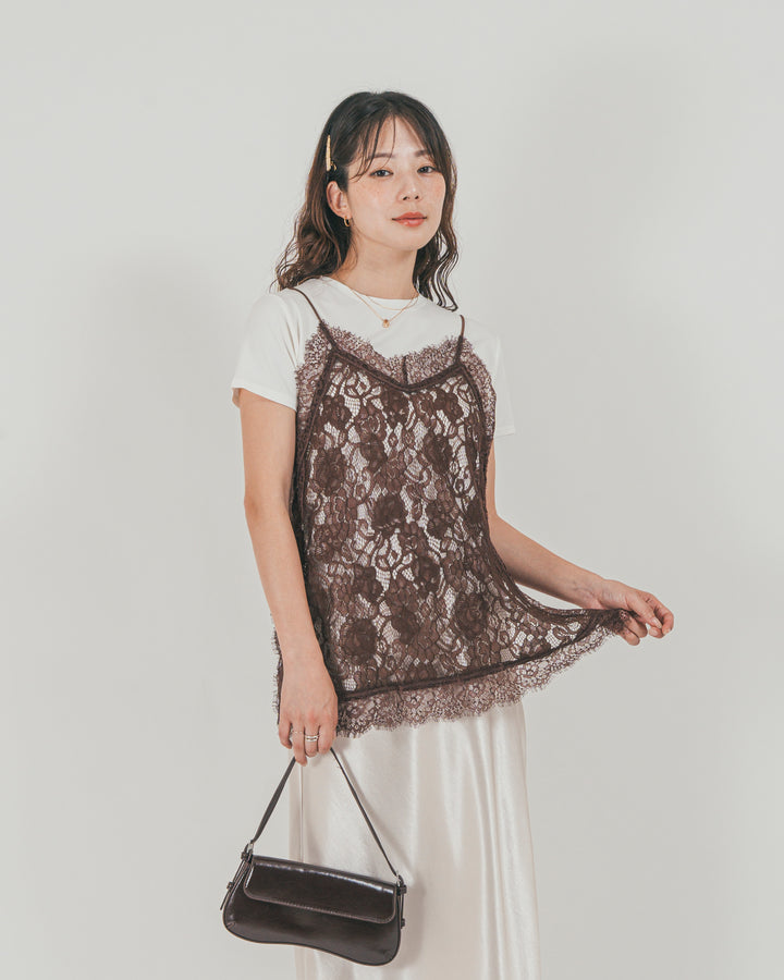 ［SET］ラッセルレース キャミ + 【接触冷感・UVカット・防臭】コンパクト半袖Tee + サテンNarrowスカート（3SET）