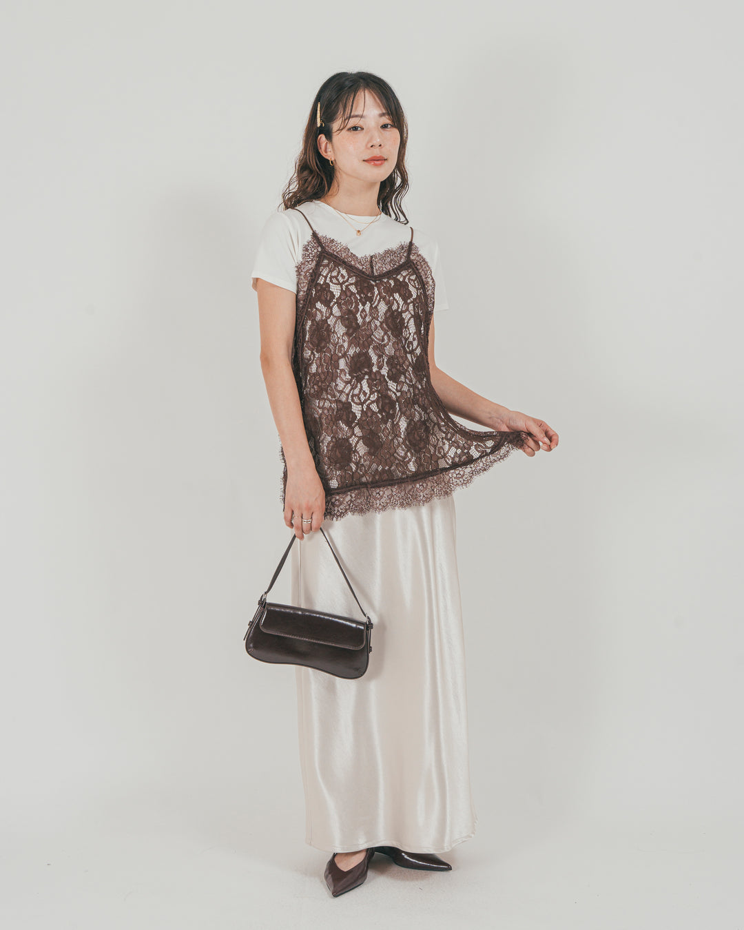 ［SET］ラッセルレース キャミ + 【接触冷感・UVカット・防臭】コンパクト半袖Tee + サテンNarrowスカート（3SET）