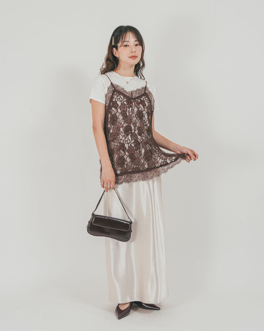 ［SET］ラッセルレース キャミ + 【接触冷感・UVカット・防臭】コンパクト半袖Tee + サテンNarrowスカート（3SET）