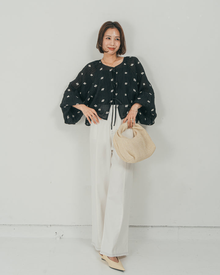 ［SET］フロントリボン刺繍 Veilブラウス + 10oz ニュアンスバイカラー リラックスワイドデニム（2SET）