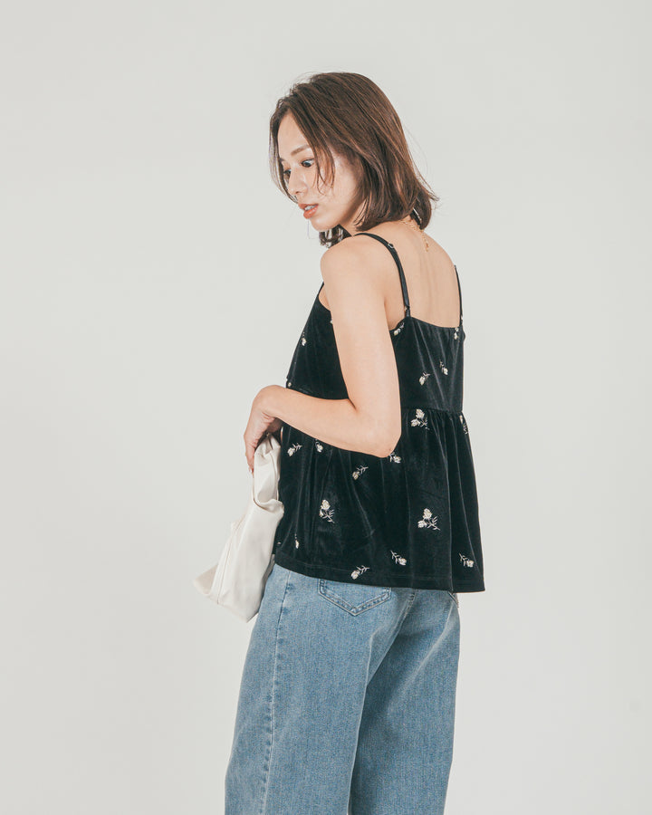 ［SET］Flower刺繍 ベロアペプラムキャミ + センターシーム リラックスデニム（2SET）