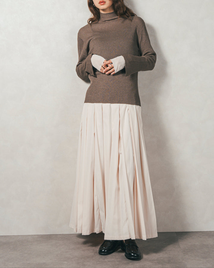 ［SET］袖レイヤードラメリブタートルニット+すっきり見えカップ付きキャミ+W-Tuckプリーツロングスカート（3SET）