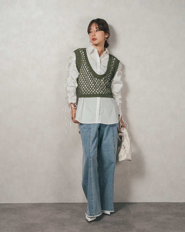 ［SET］ブロード袖ドロストデザインブラウス+2-Way Uネックメッシュニットベスト+センターシーム リラックスカラーデニム（3SET）