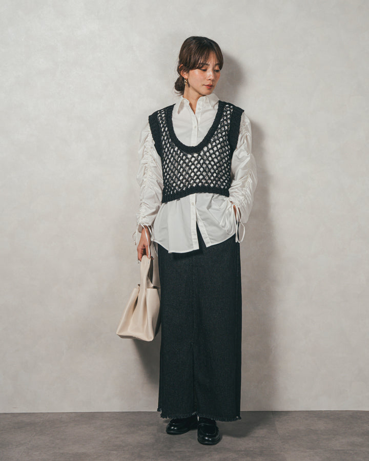 ［SET］ブロード袖ドロストデザインブラウス+2-Way Uネックメッシュニットベスト+フロントスリット Iラインデニムスカート（3SET）